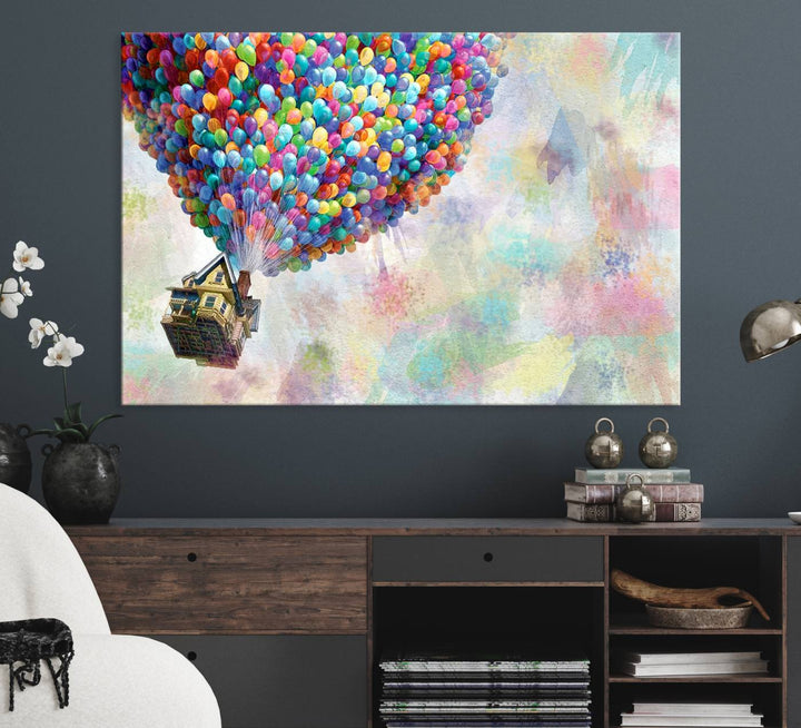 The Up Pixar Poster is a dreamy wall art depicting a house lifted by balloons.