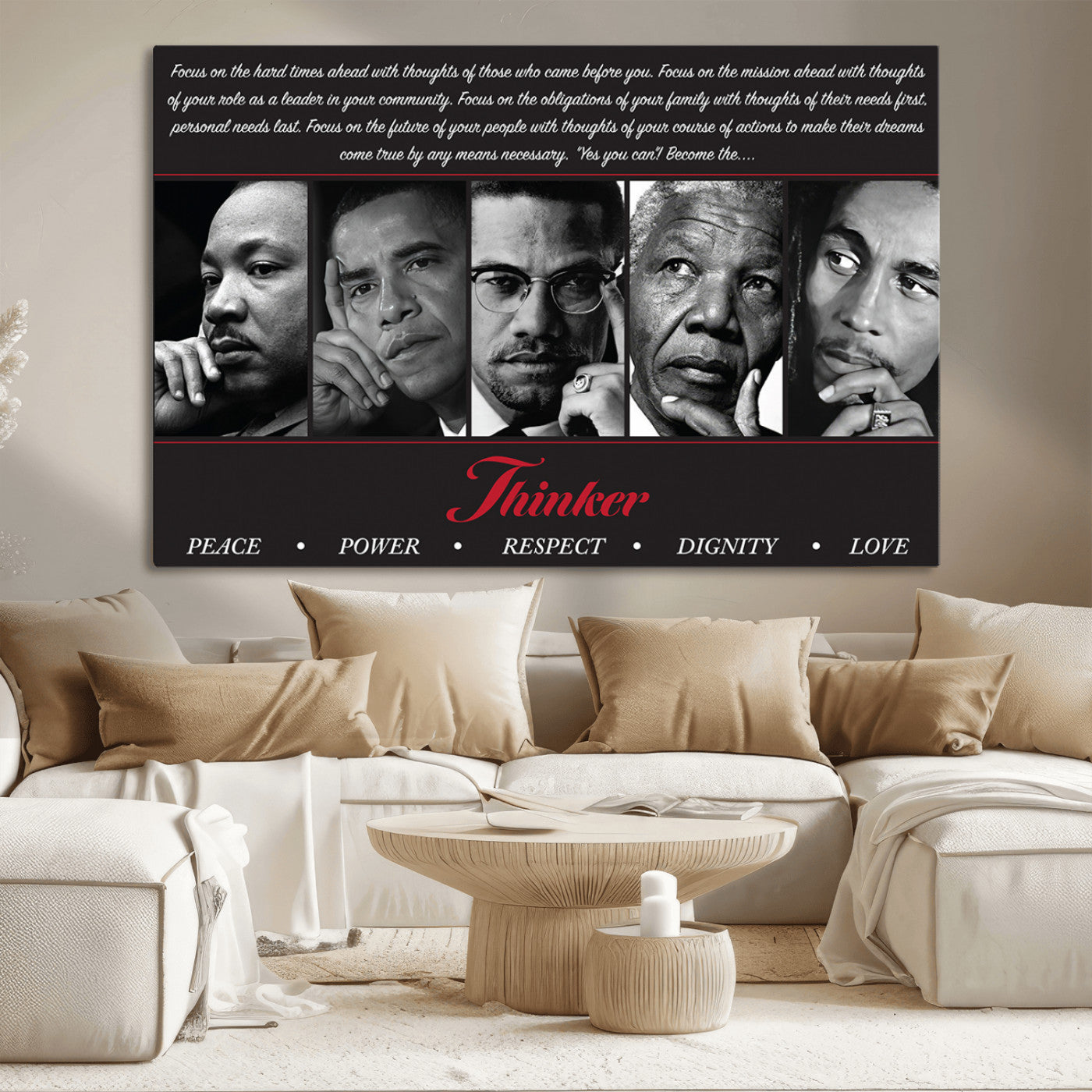 MGV-CV-36X24 - Thinker Quintet Canvas Wall Art – Martin, Obama, Malcolm X, Mandela, Marley Featuring Peace, Power,