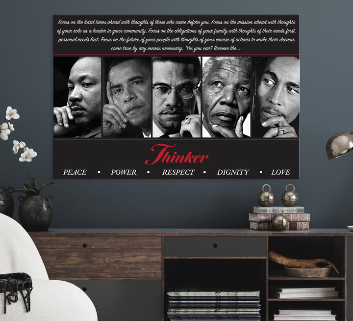 The Thinker Quintet Canvas Wall Art features portraits of Martin, Obama, Malcolm X, Mandela, and Marley, each representing virtues such as Peace and Power.