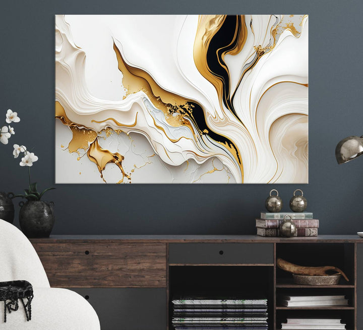 Modern interiors showcase Gold Waves on Pure White Canvas.