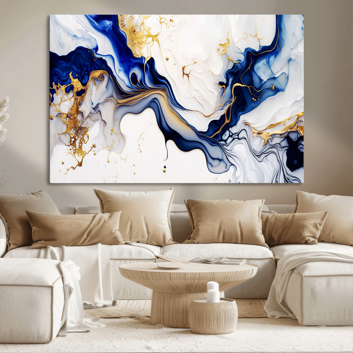 MGV-CV-36X24 - Golden Cascades on Midnight Blue – Deep Blue Abstract Wall Art Flowing Elegance | Wall Art Canvas,