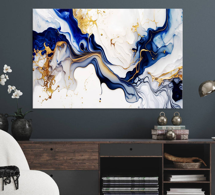 Golden Cascades on Midnight Blue wall art swirls above, featuring gold and white accents.