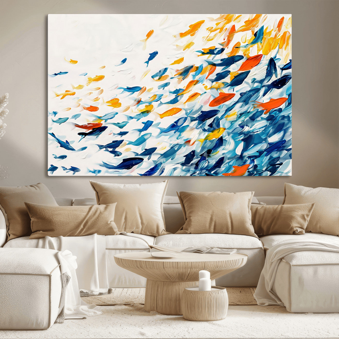 MGV-CV-36X24 - Abstract Fish Shoal Wall Art Canvas Print, Colorful Fish Herd Painting on Canvas Print, Ocean Animal