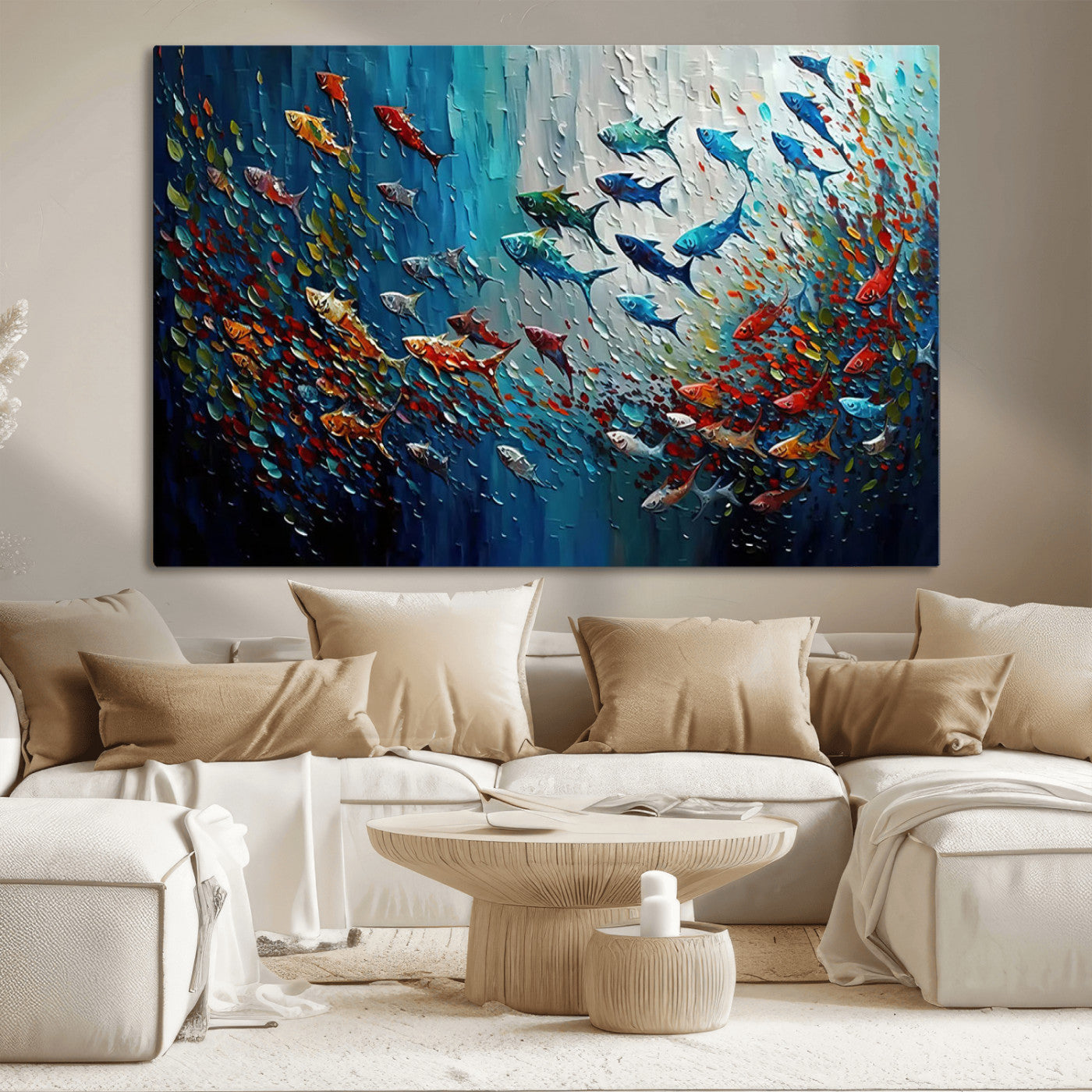 MGV-CV-36X24 - Modern Abstract Fish Shoal Wall Art Canvas Print, Colorful Fish Herd Painting on Canvas Print, Ocean