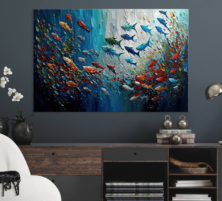 Modern Abstract Fish Shoal Wall Art features blue, red, and orange fish.