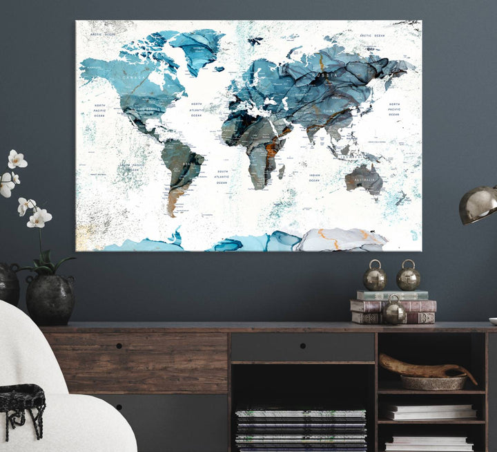 Push Pin World Map Wall Art Canvas Print adds a touch of elegance to the home decor.