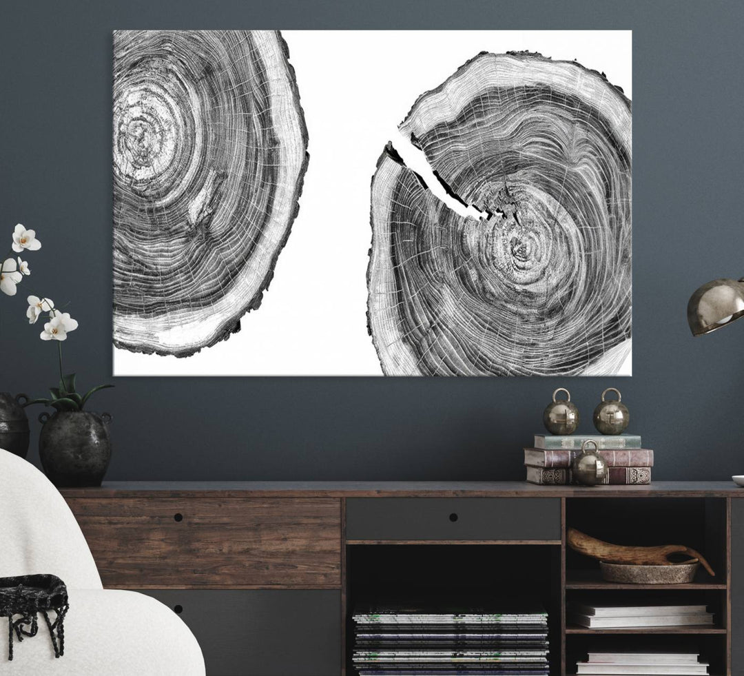 The modern black and white tree rings canvas art adds minimalist geometric decor with nature inspiration.