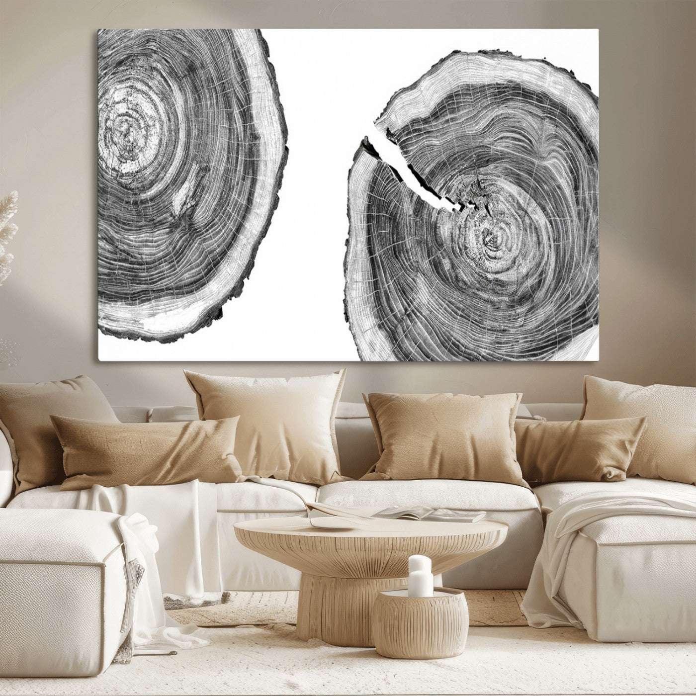 MGV-CV-36X24 - Modern Black and White Tree Rings Canvas Wall Art – Nature Inspired Wood Slice Print – Minimalist