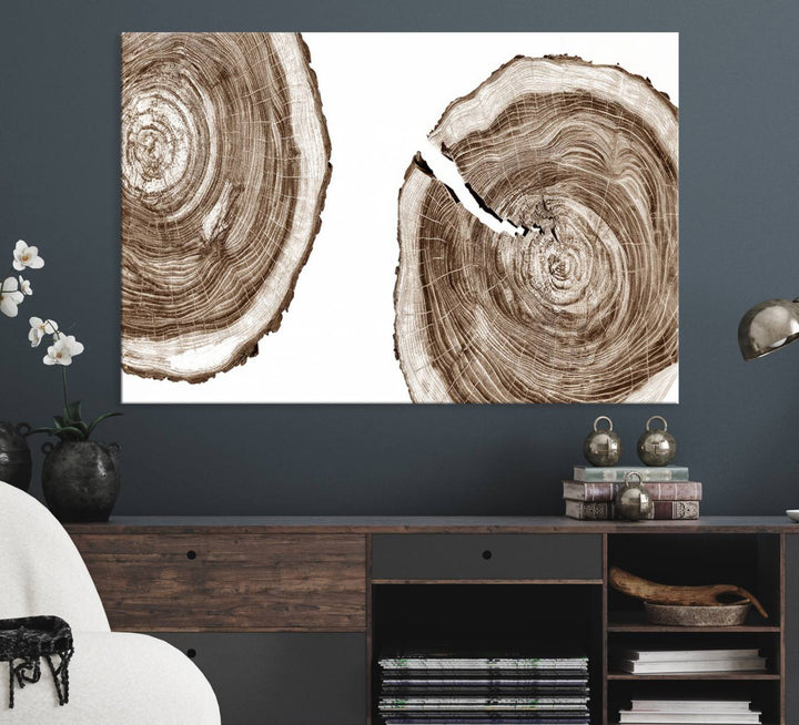 Wood Tree Ring Wall Art on a minimalist black and white canvas.