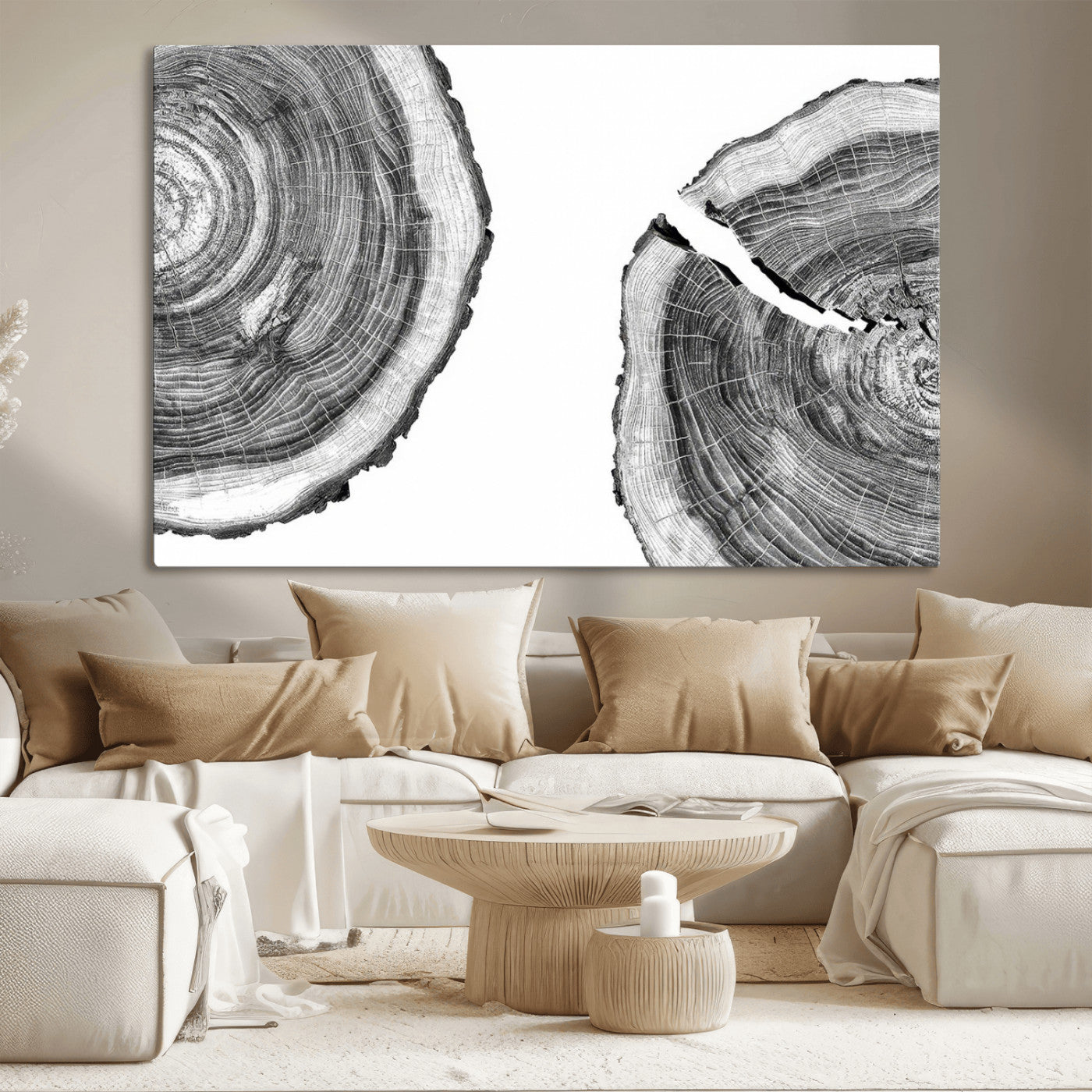 MGV-CV-36X24 - Abstract Large Tree Rings – Minimalist Black and White Wood Art | Triptych Canvas, Modern Wall Decor