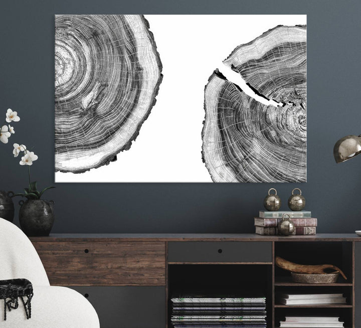 The minimalist art piece Abstract Large Tree Rings on canvas creates a striking focal point.