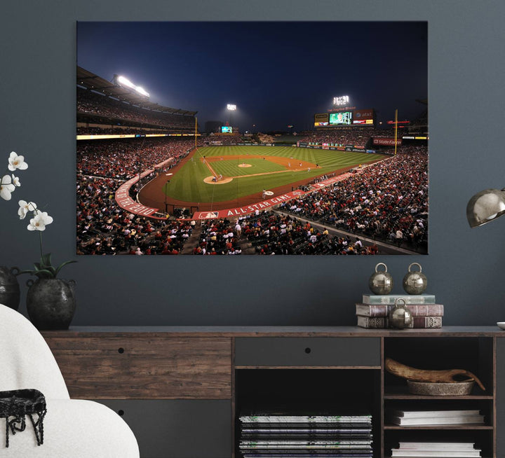 Aerial view of an LA Angels game at night, captured as stunning wall art on premium canvas, handmade in the USA.