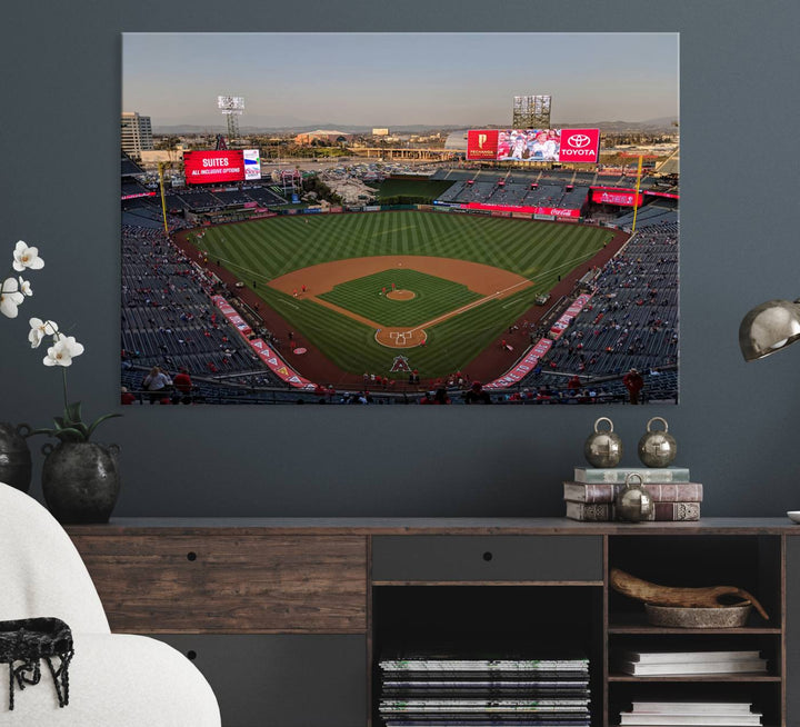 Aerial view of Angel Stadium, perfect as gallery-quality wall art - Los Angeles Angels Canvas Print.