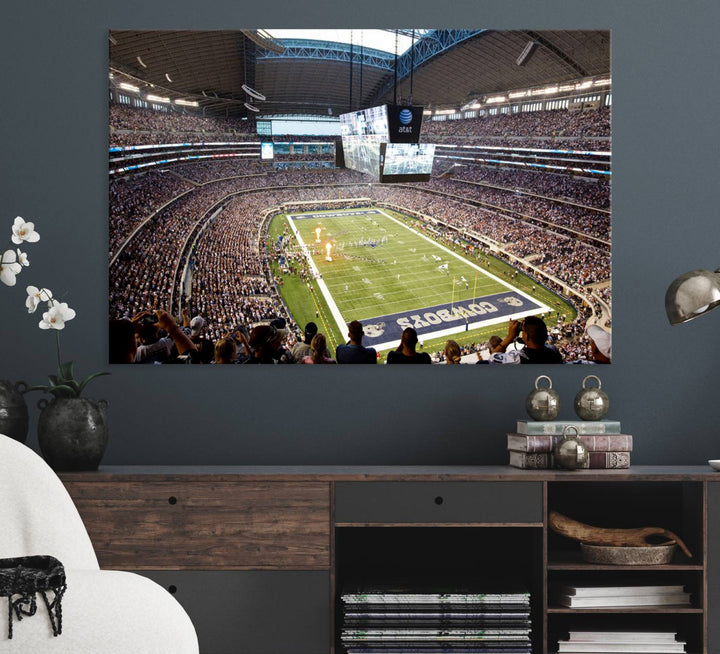 The wall art is a Dallas Cowboys AT&T Stadium Canvas Print, showcasing the iconic logo.