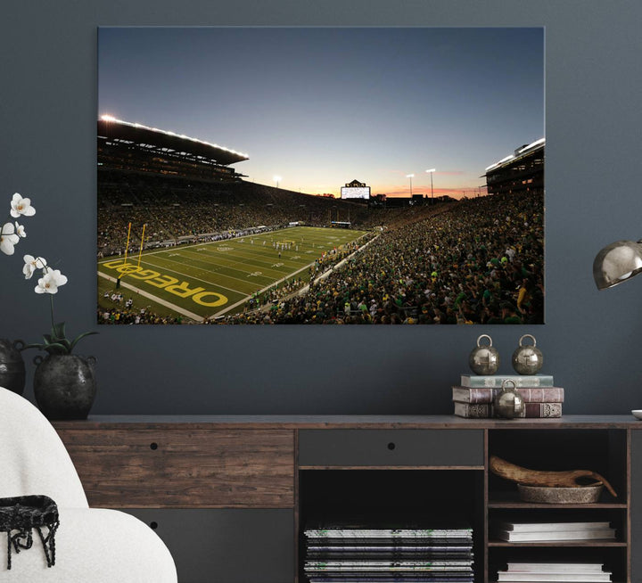 Canvas artwork depicting an Oregon Ducks football game at Autzen Stadium, capturing a sunset and packed stands.