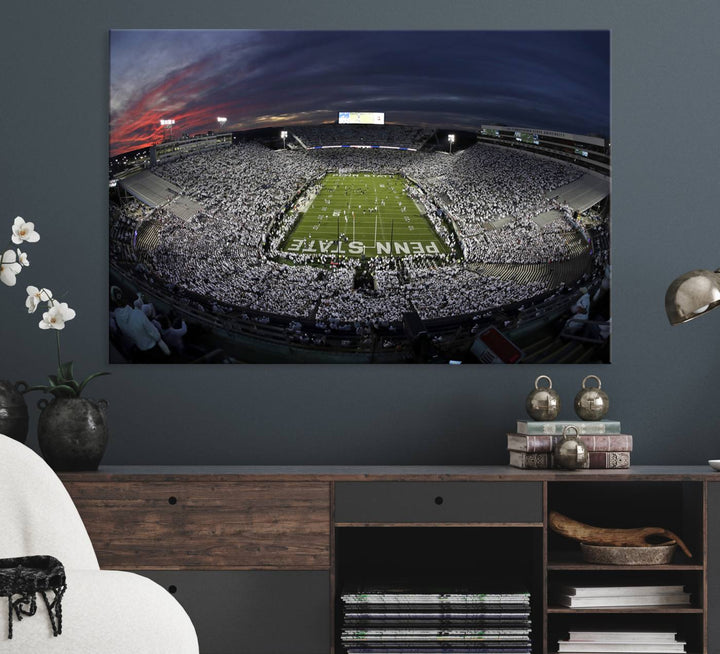 Canvas art capturing the packed Beaver Stadium at dusk, with Penn State emblazoned on the field and a sea of white-clad fans—true perfection.