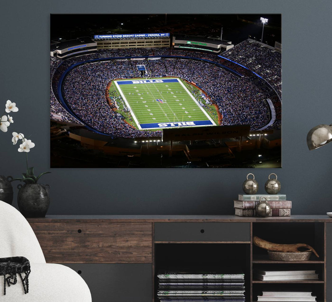 Aerial view of football stadium at night, featuring Buffalo Bills Highmark Stadium Wall Art.