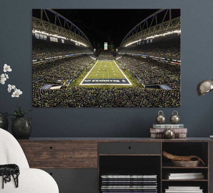 Handmade Seattle Seahawks Stadium Canvas Wall Art Print featuring an aerial view of Night football at CenturyLink Field marked Seahawks.