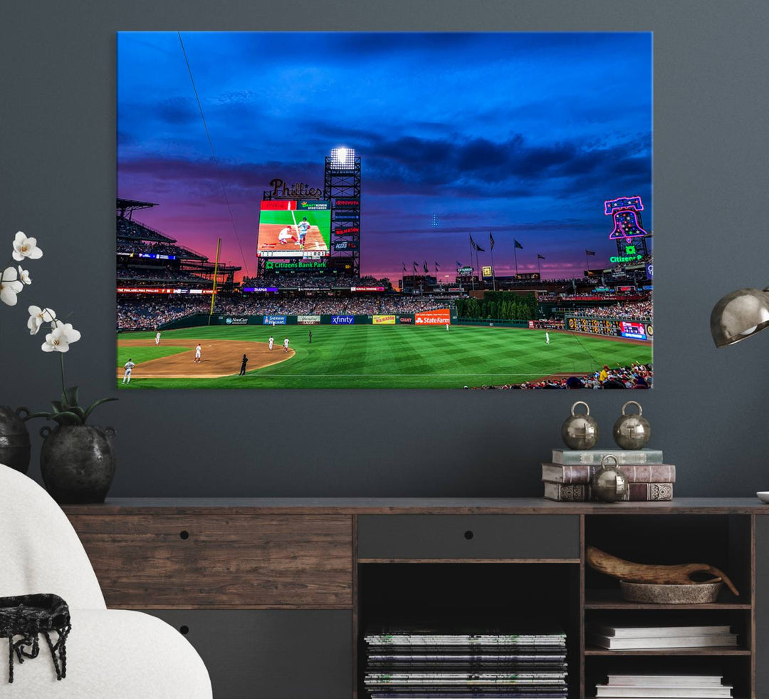 The Phillies canvas print captures a stunning sunset, vibrant signage, and players on the field.