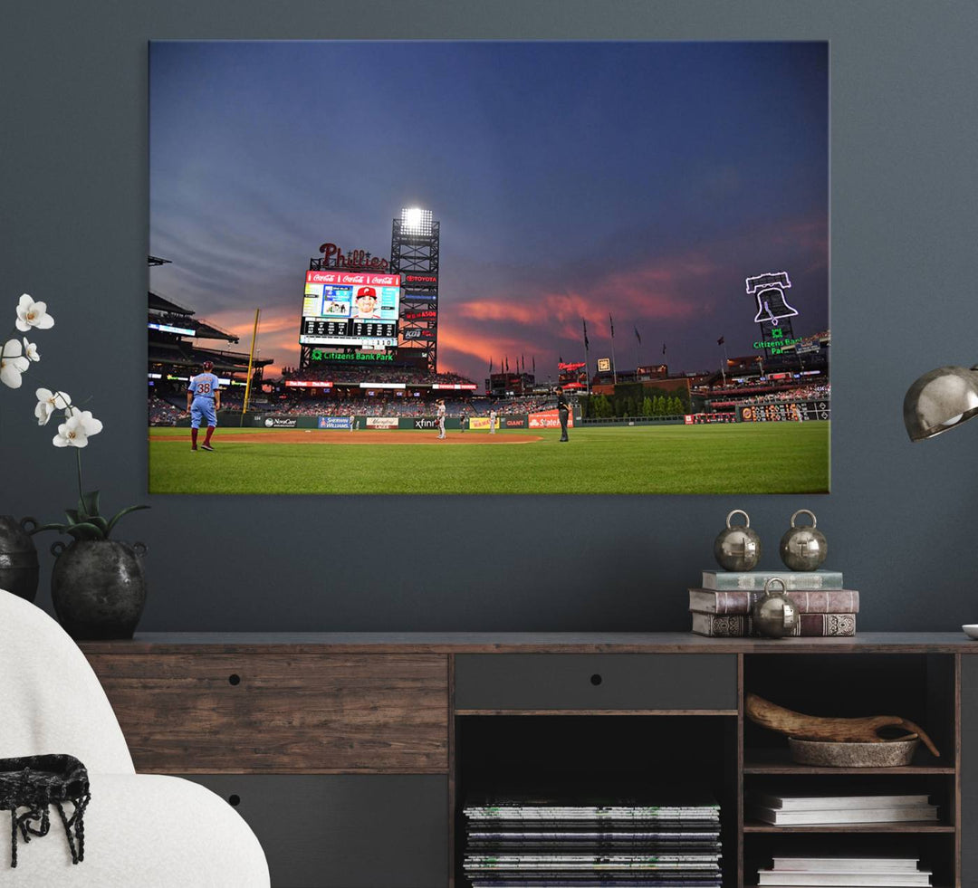 Philadelphia Phillies at sunset: Citizens Bank Park captured in a charming canvas wall art print.