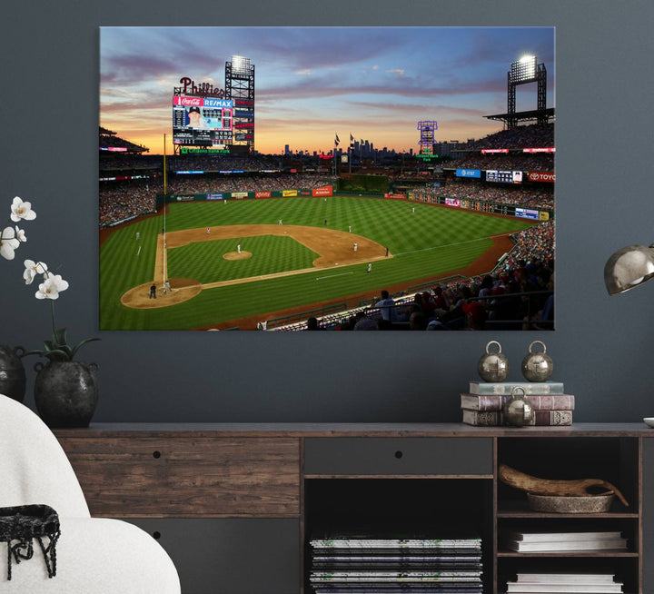 A sunset game at Citizens Bank Park depicted on a 3-panel Phillies canvas.