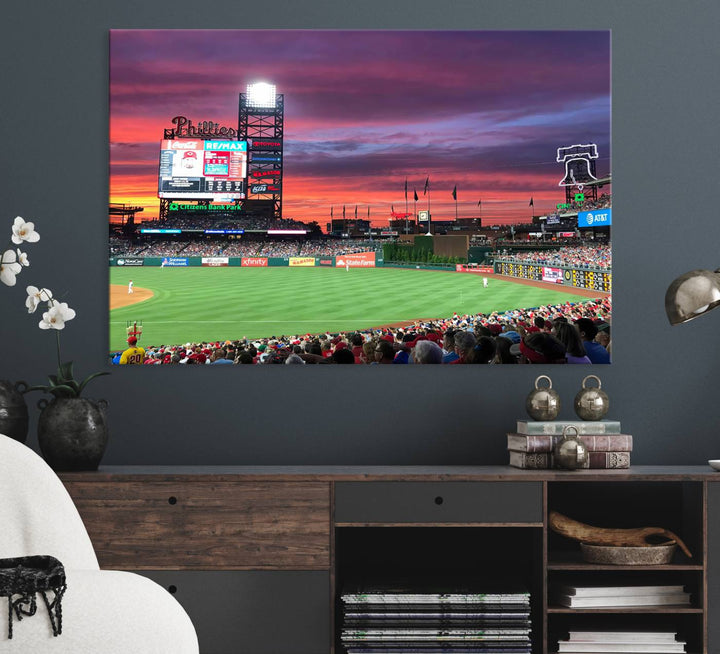 The Philadelphia Phillies canvas print showcases Citizens Bank Park at sunset with a crowd and scoreboard.