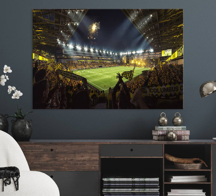 The wall art canvas print captures a packed soccer stadium scene with fans and fireworks.