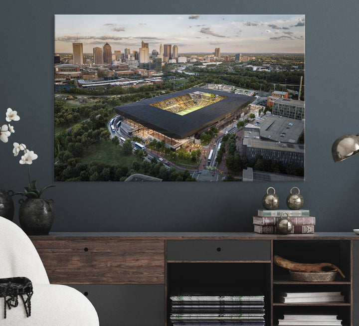 The Columbus Crew Soccer Stadium canvas art adds a vibrant touch to the room.