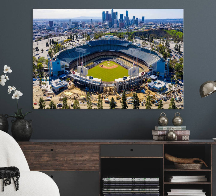 Aerial view of Dodger Stadium city skyline on a premium Los Angeles Dodgers MLB canvas print.