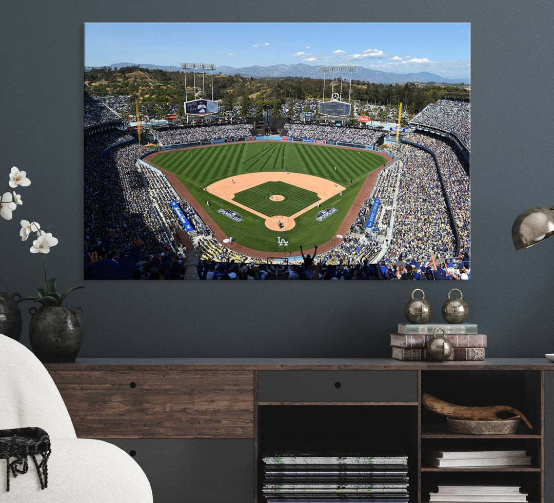 Aerial view of Dodger Stadium captured in gallery-quality on a Dodgers wall art canvas.