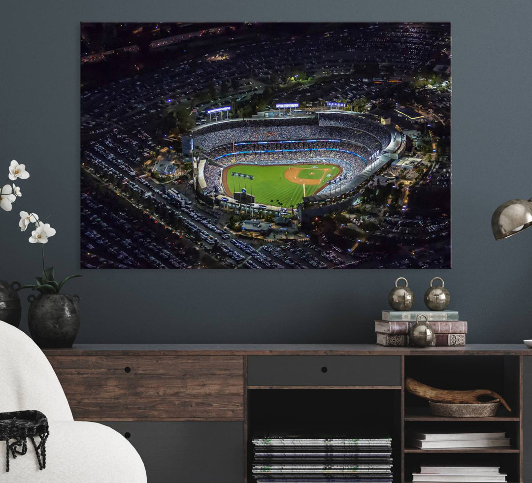 Aerial view of a lit stadium at night, featuring the Los Angeles Dodgers Dodger Stadium Wall Art.