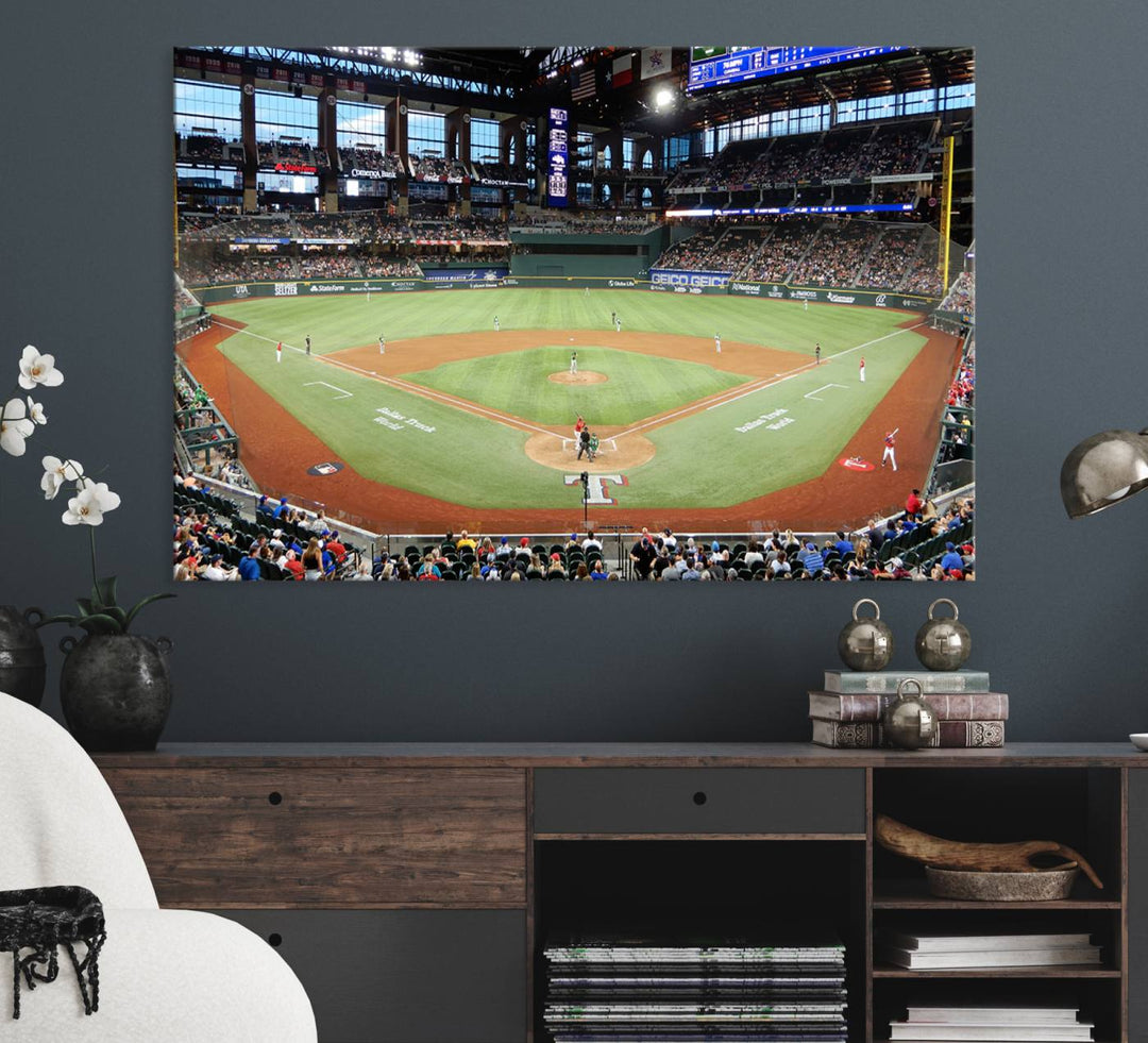 Admire the Texas Rangers Wall Art showcasing Globe Life Fields covered stadium and its lively crowd.