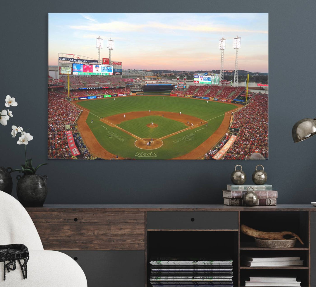 Cincinnati Reds game at sunset: Stadium wall art canvas.