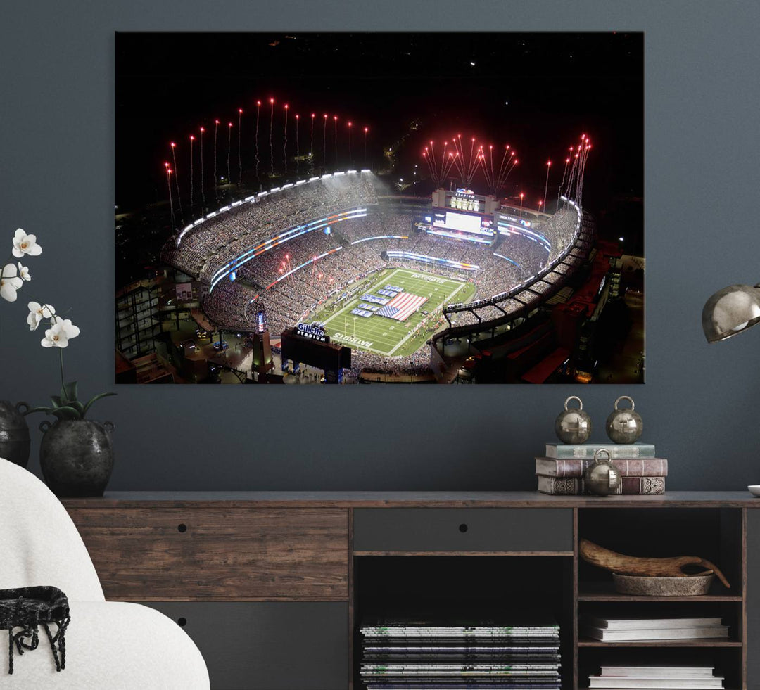 Aerial view of Gillette Stadium with fireworks and flag—ideal for a New England Patriots canvas print.