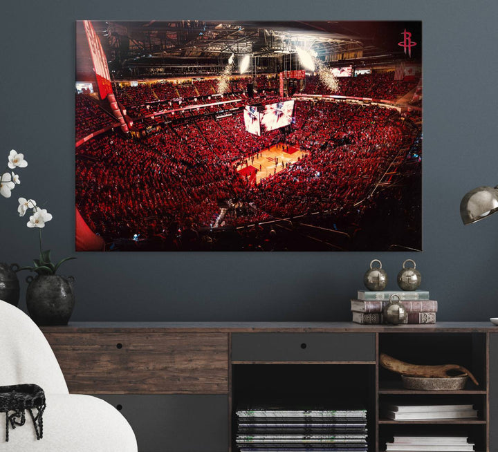 A crowded basketball arena with red lighting hosts a Houston Rockets game.