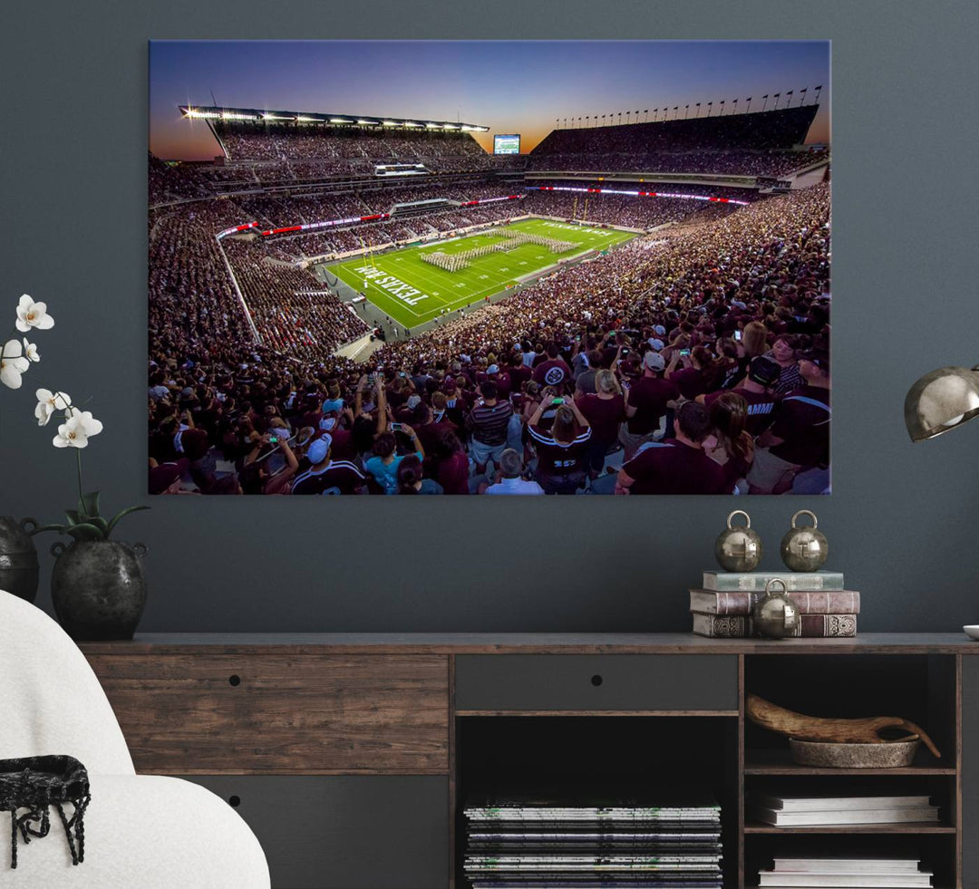 A vibrant canvas print of Texas A&M Aggies at College Stations Kyle Field Stadium captures the energy of fans cheering as the band marches at sunset.