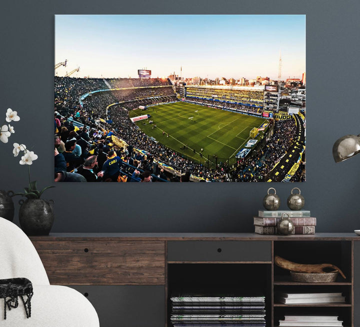 The wall art canvas print vividly captures the dynamic soccer culture at Bombonera Stadium with its vibrant depiction.