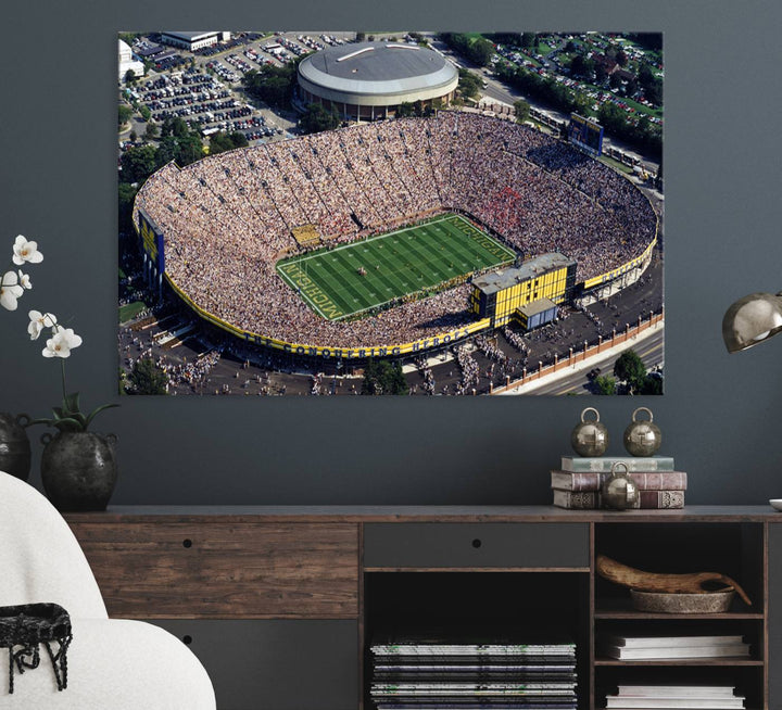 Aerial view of Michigan Wolverines college football culture on a stadium canvas wall art.