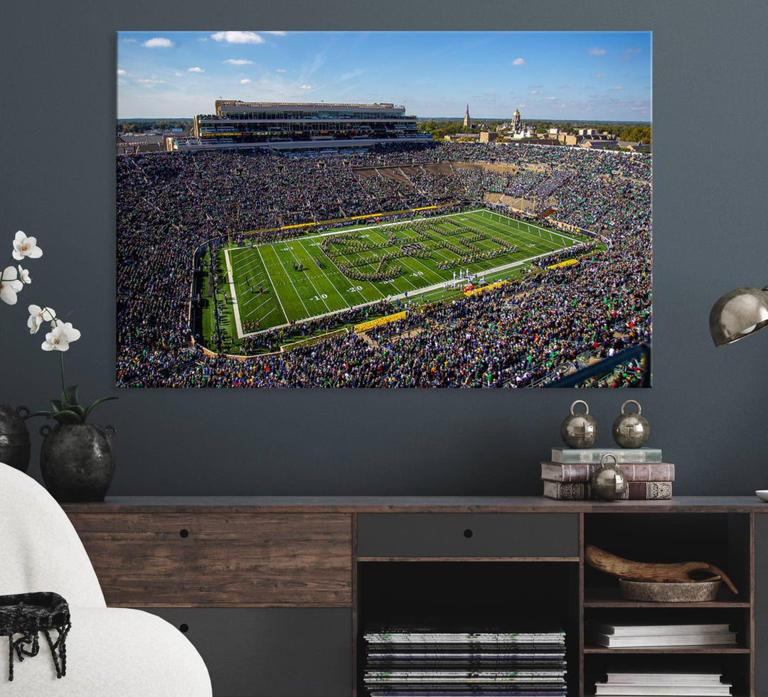 Aerial shot of packed stadium on green; Notre Dame Fighting Irish Stadium Wall Art Canvas Print.