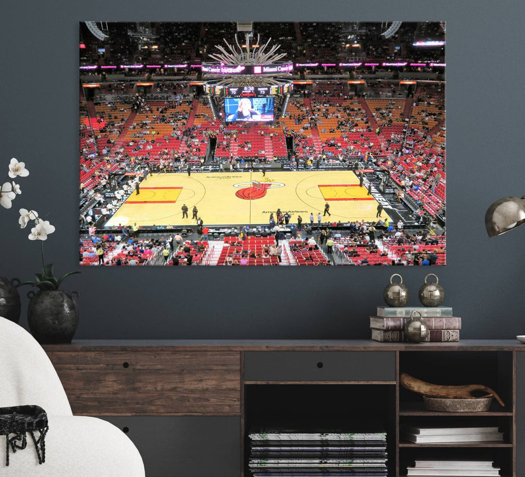 A Miami Heat Basketball Print showcases Kaseya Center Stadium Wall Art with a grand scoreboard.