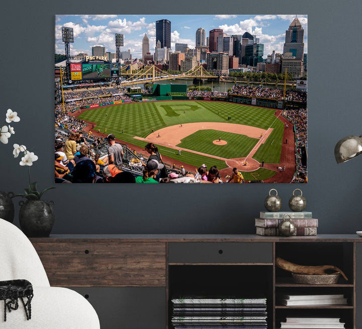 PNC Park Stadium canvas print features a lush field and city skyline, ready to hang.