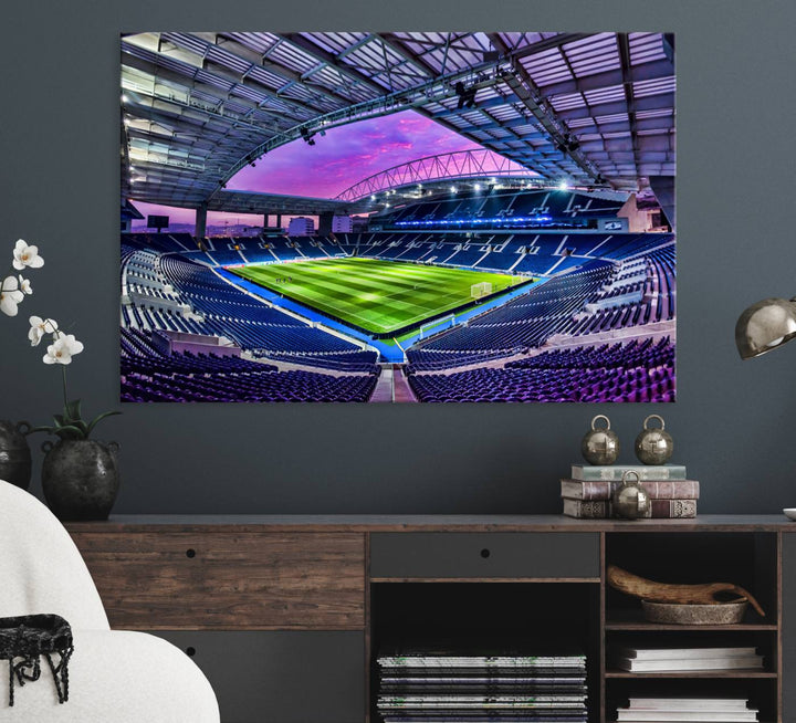 The FC Porto Soccer Team Dragon Stadium Wall Art Canvas Print decorates the room.