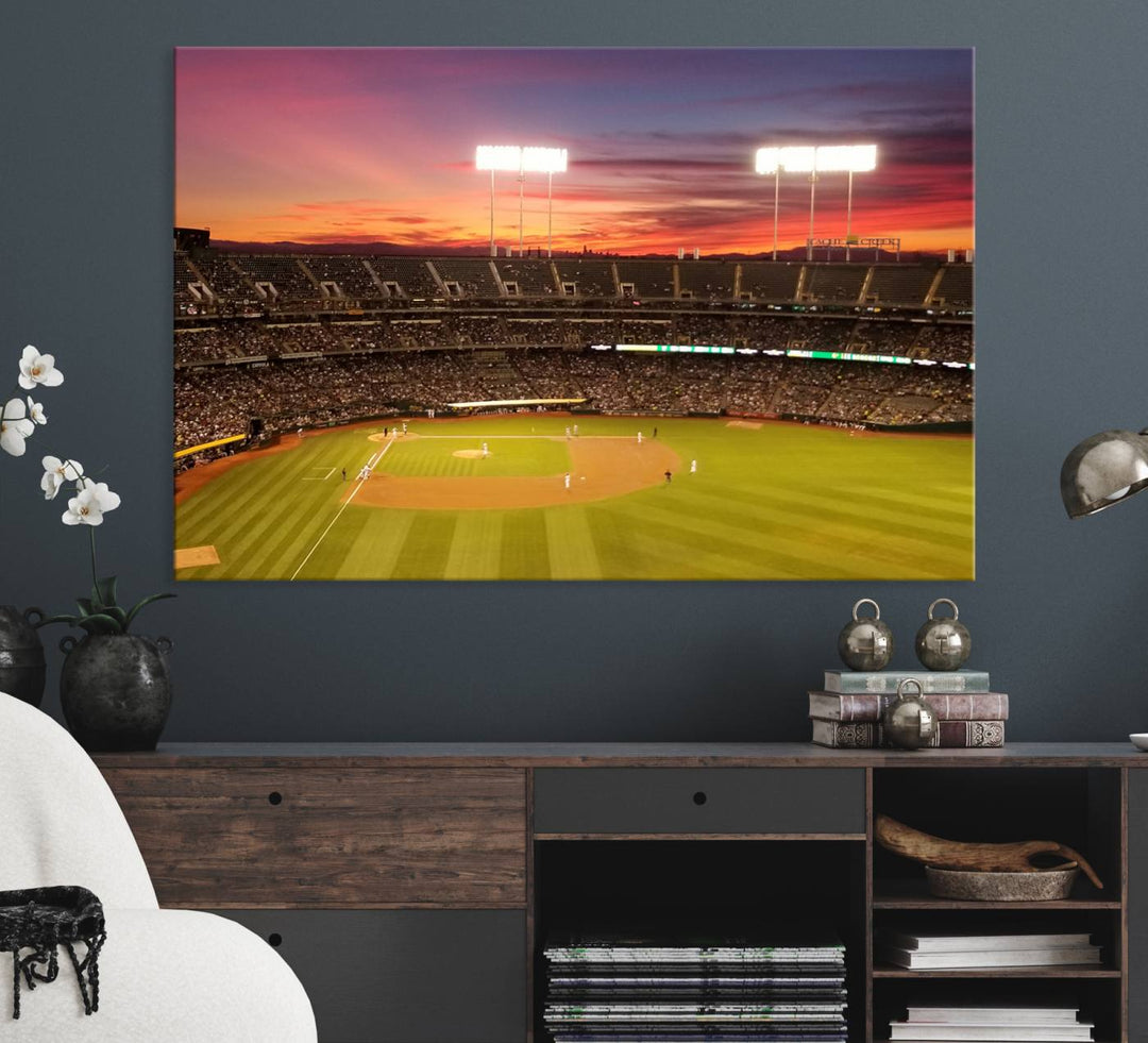 The Oakland Coliseum print is a museum-quality canvas depicting a full crowd and a sunset.