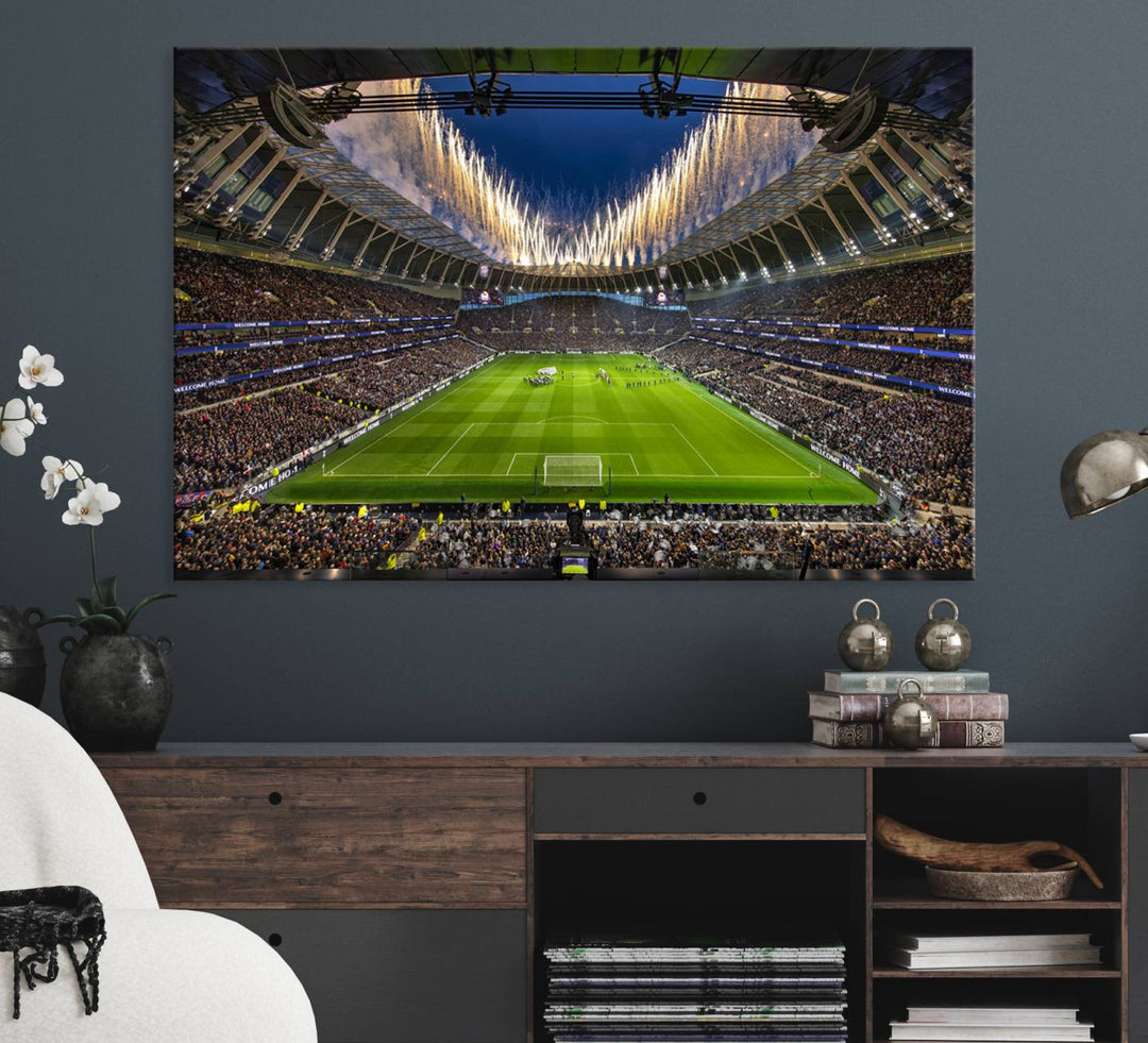 A stunning Tottenham Hotspur Stadium wall art captures the energy of a stadium packed with fans and vibrant lights.