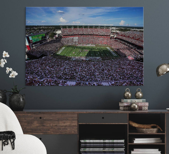 The wall art is a South Carolina Gamecocks print, showcasing Williams-Brice Stadium from a distance under clear skies.