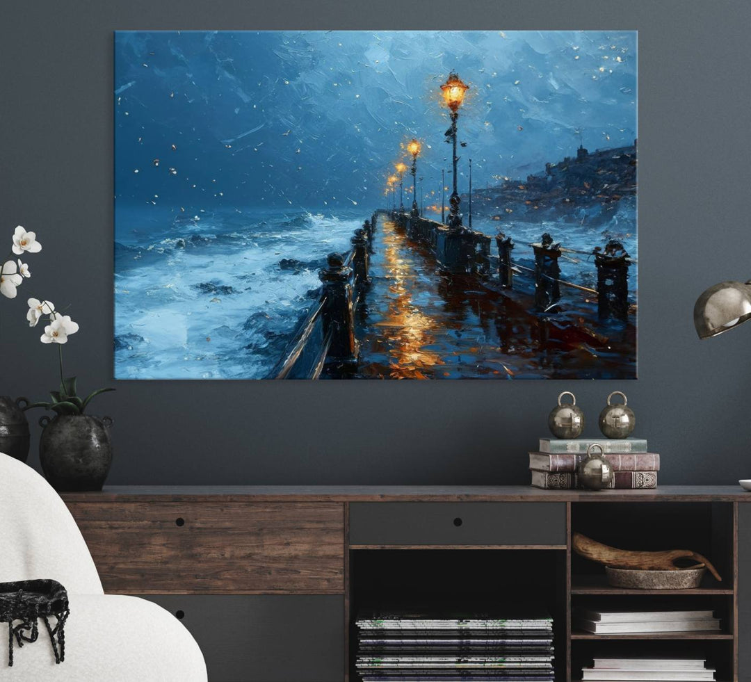 A framed oil painting depicts a stormy night at a beach pier, with glowing lamps and waves beneath a snow-filled sky.