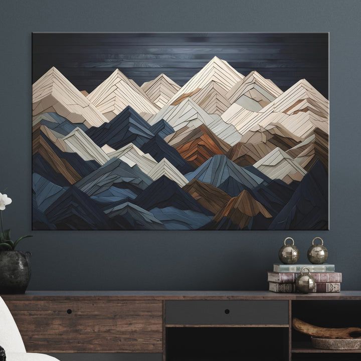 Rustic Mountain Landscape Wall Art Print - Wooden 3D Effect Mountain Canvas Print - Textured Peaks Wall Art for Cabin or Lodge Decor