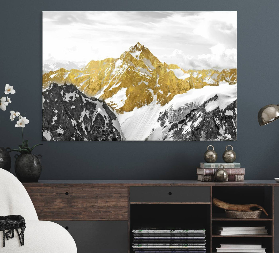 Gold Abstract Mountains Wall Art Print on Canvas.