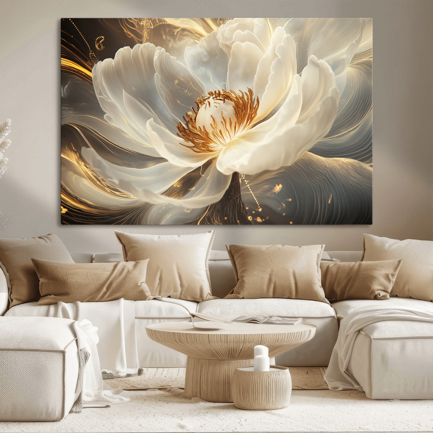 MGV-CV-36X24 - Gold Floral Wall Art Canvas Print, Framed Modern Flower Art Print, Golden Abstract Perfect for