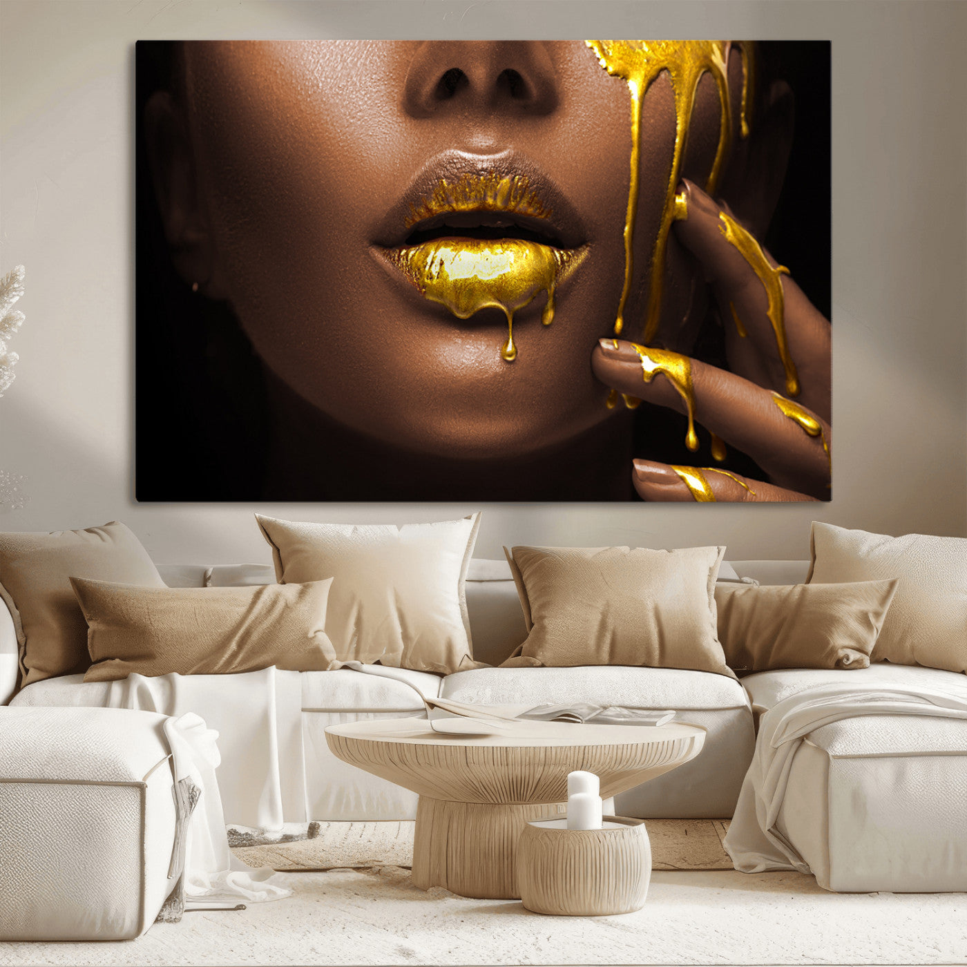MGV-CV-36X24 - African American Art Black Woman Canvas Print, African Wall Art, Fashion African Woman Gold Lips
